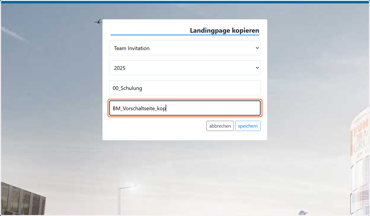 Hier kannst du deiner Landingpage einen Namen geben. Es können keine Sonderzeichen etc. in Landingpage-Namen verwendet werden. Erlaubt sind - und _ Achte bitte darauf, dass dein LP-Name sprechend ist. Er erscheint später im URL-Pfad zu deiner Seite.