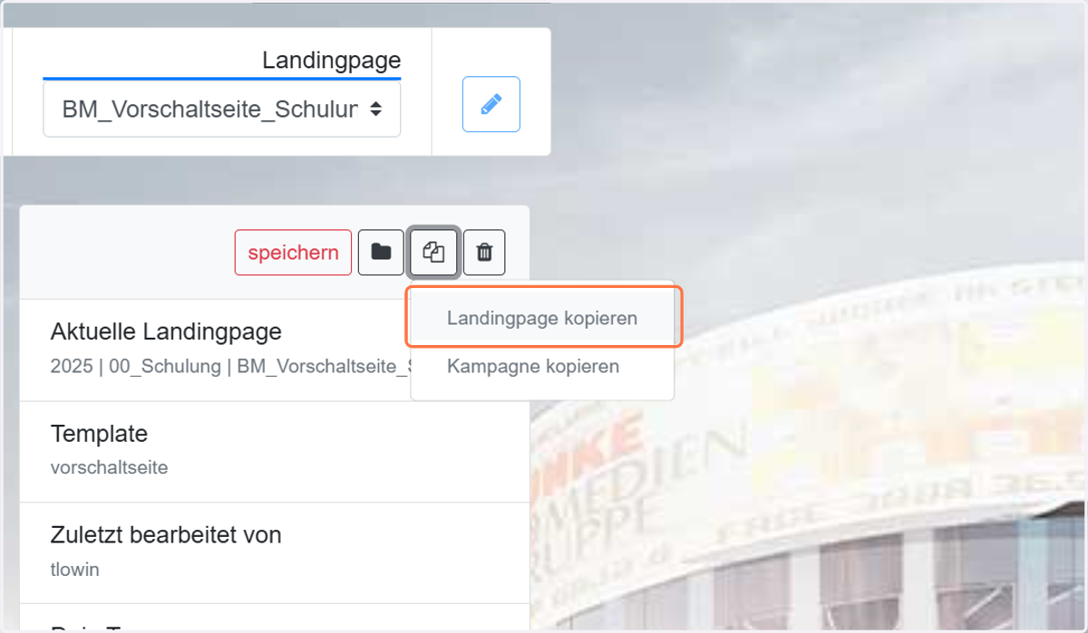 Klicken auf Landingpage kopieren
