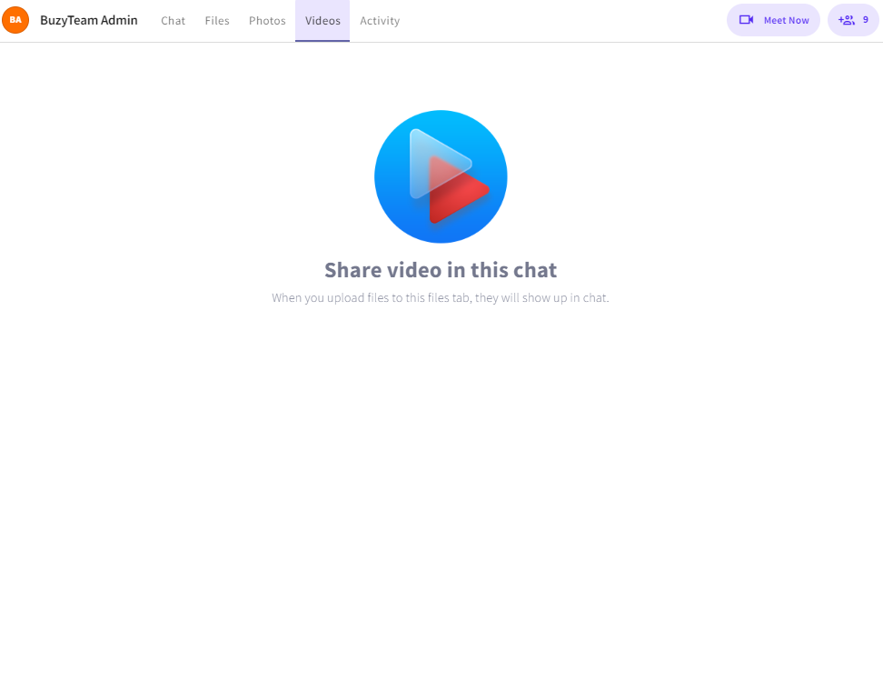 The Videos section allows users to access and manage all video content shared within chats, groups, and workspaces.