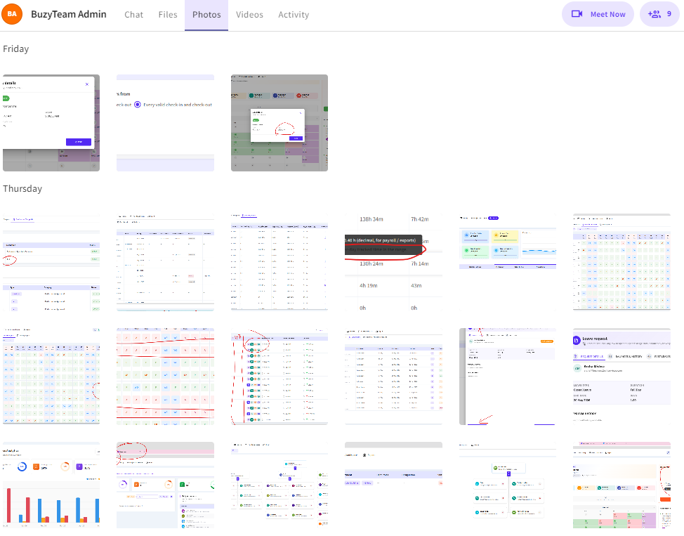 The Photos section provides a centralized gallery view of all images shared within chats, groups, and workspaces.