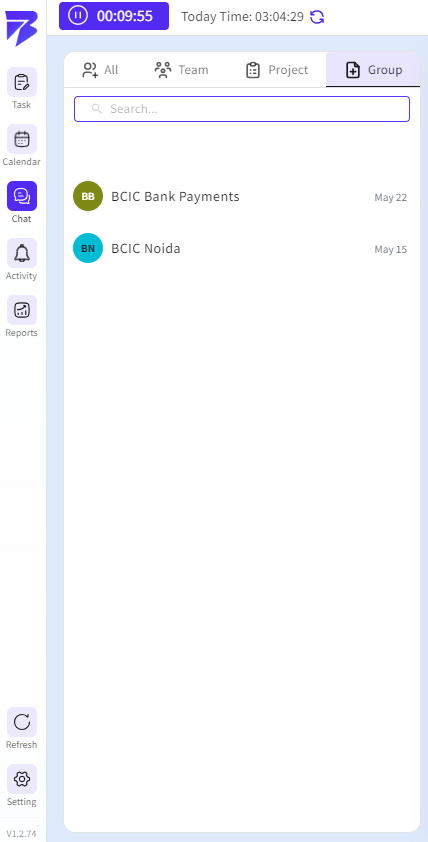 The Group tab displays all group-based conversations created for team discussions, announcements, collaboration, and shared communication.