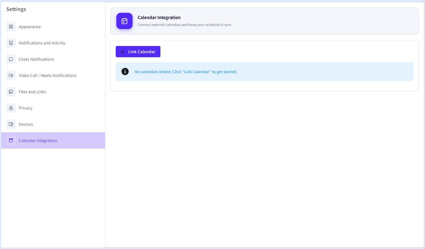 The Calendar Integration Settings page allows users to connect external calendar platforms with BuzyTeam for centralized scheduling and event management.