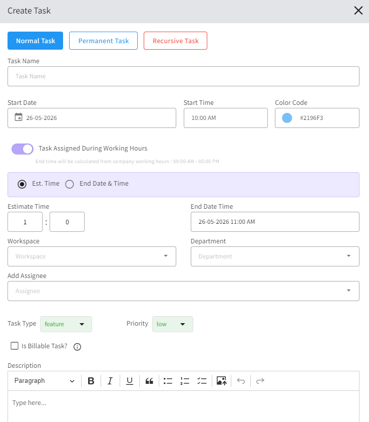 The Create Task window allows users to create Normal, Permanent, or Recursive tasks with complete scheduling and assignment controls.