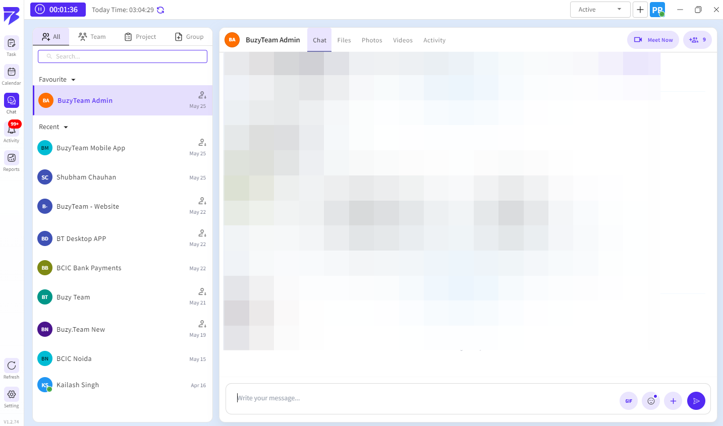 The Chat Workspace provides centralized team communication with support for direct chats, group discussions, file sharing, media exchange, and activity tracking.