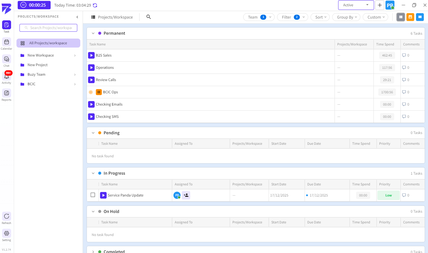 This screen provides the overall inside view of the BuzyTeam workspace management system, where users can monitor and manage tasks across all projects and workspaces from one centralized dashboard.