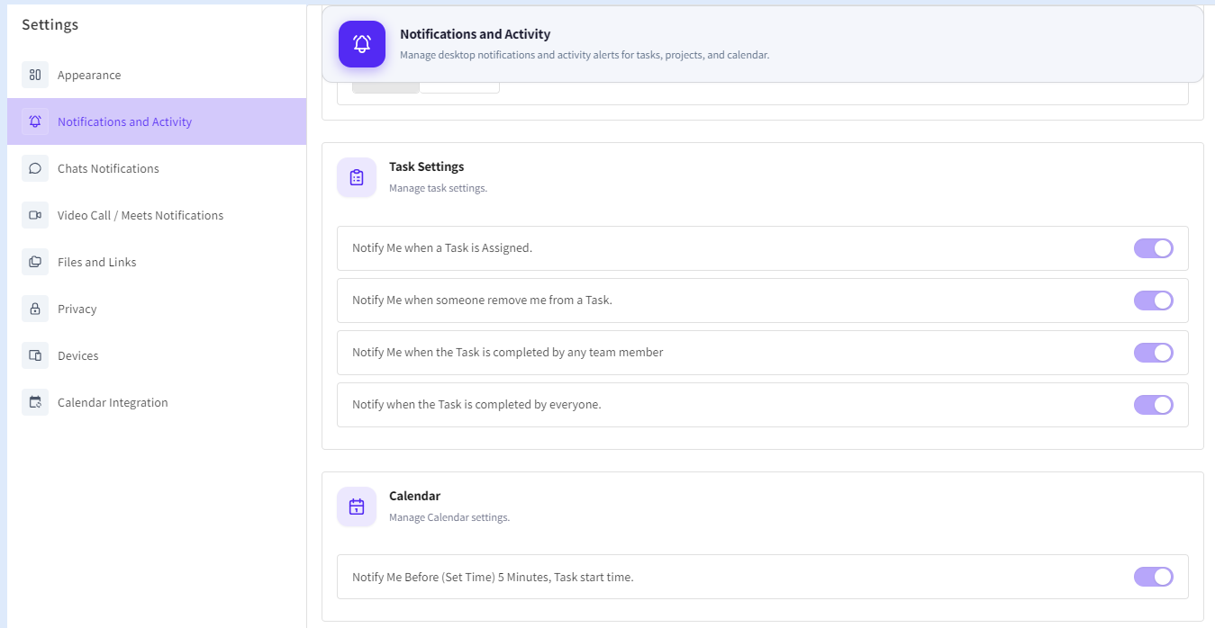 The Task and Calendar Notification Settings section allows users to control task-related alerts and calendar reminder preferences within BuzyTeam.
