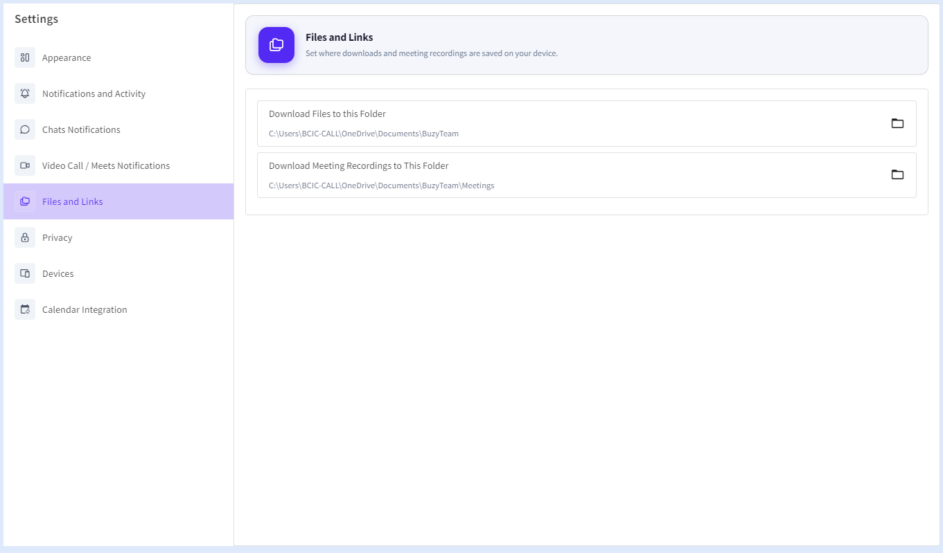 The Files and Links Settings page allows users to manage default storage locations for downloaded files and meeting recordings within BuzyTeam.