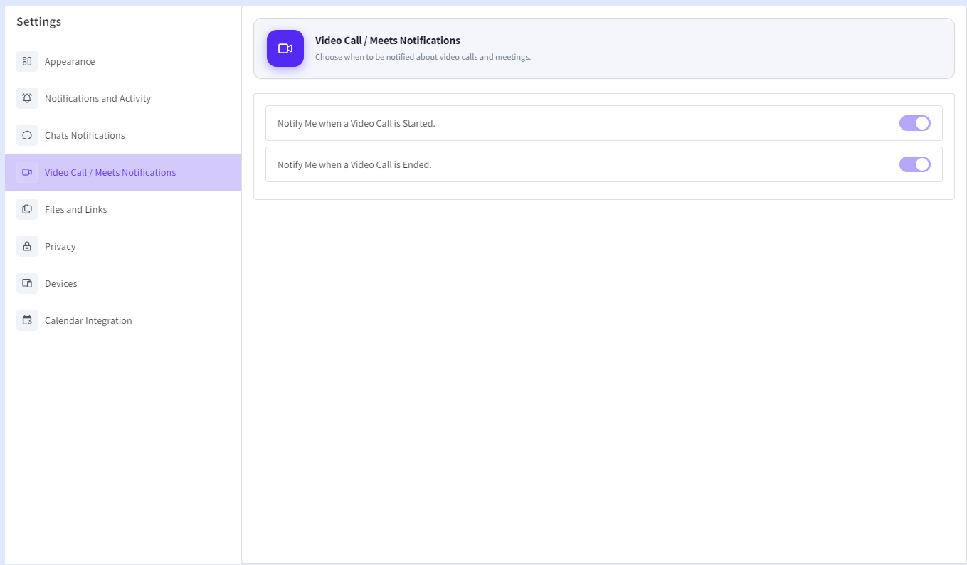 The Video Call and Meeting Notification Settings page allows users to manage alerts related to video calls and online meetings within BuzyTeam.