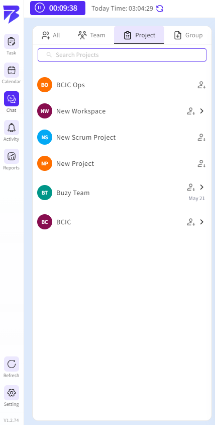 The Project tab displays all project-based conversations connected to workspaces, tasks, and ongoing initiatives.