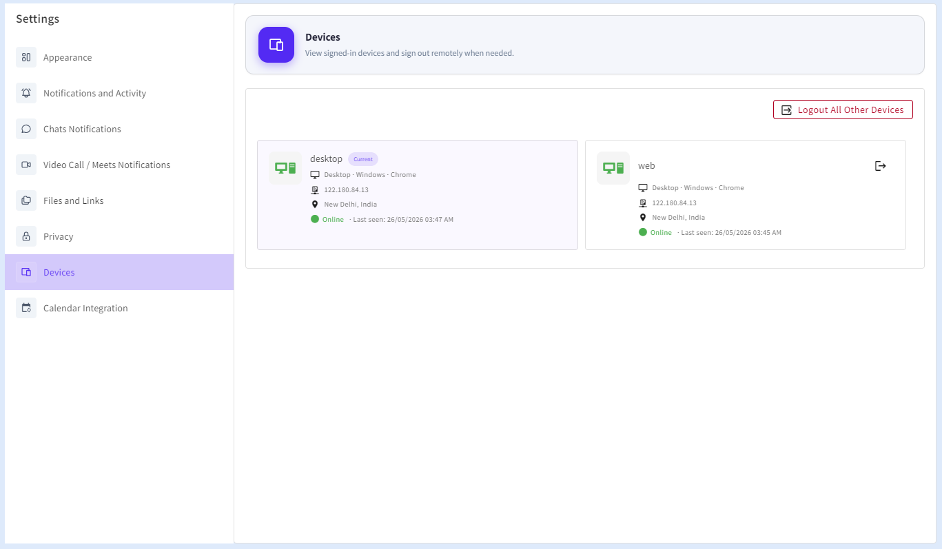 The Device Management Settings page allows users to view active logged-in devices and manage account access across multiple systems within BuzyTeam.