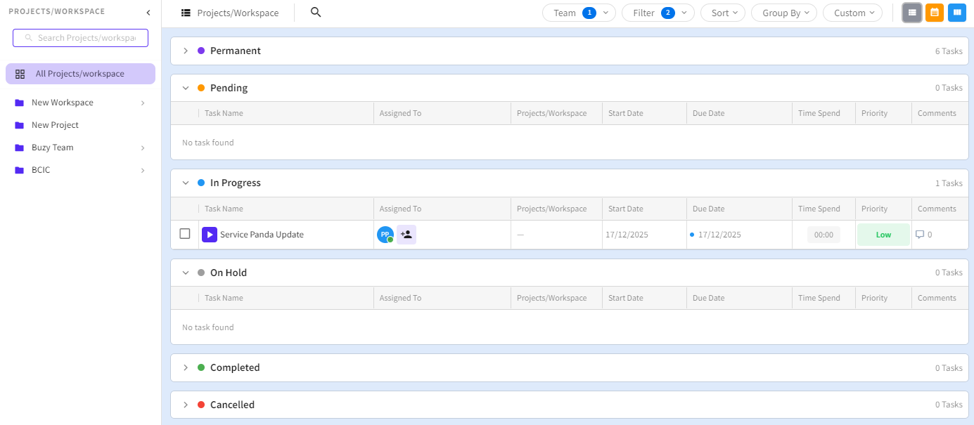 The Projects and Workspace page provides a centralized view of tasks across all workspaces and projects within BuzyTeam.