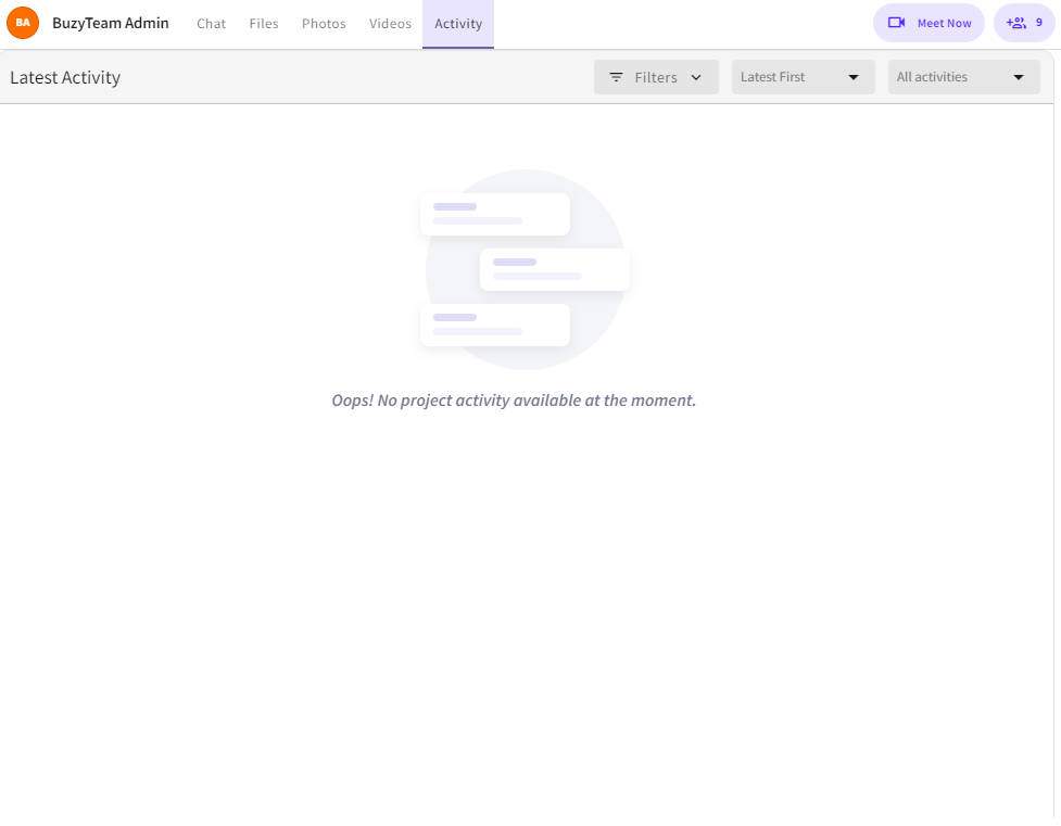 The Activity section provides a centralized timeline of updates, actions, and interactions happening within the selected chat, group, or workspace.