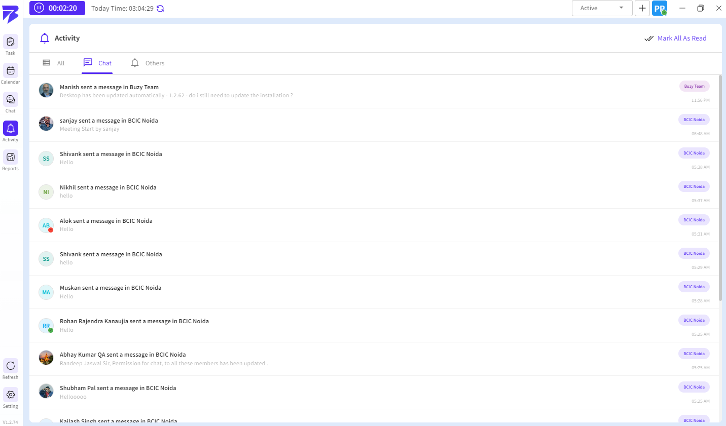 The Chat Activity section provides a real-time overview of messages, updates, and communication activities happening across teams and group conversations.
