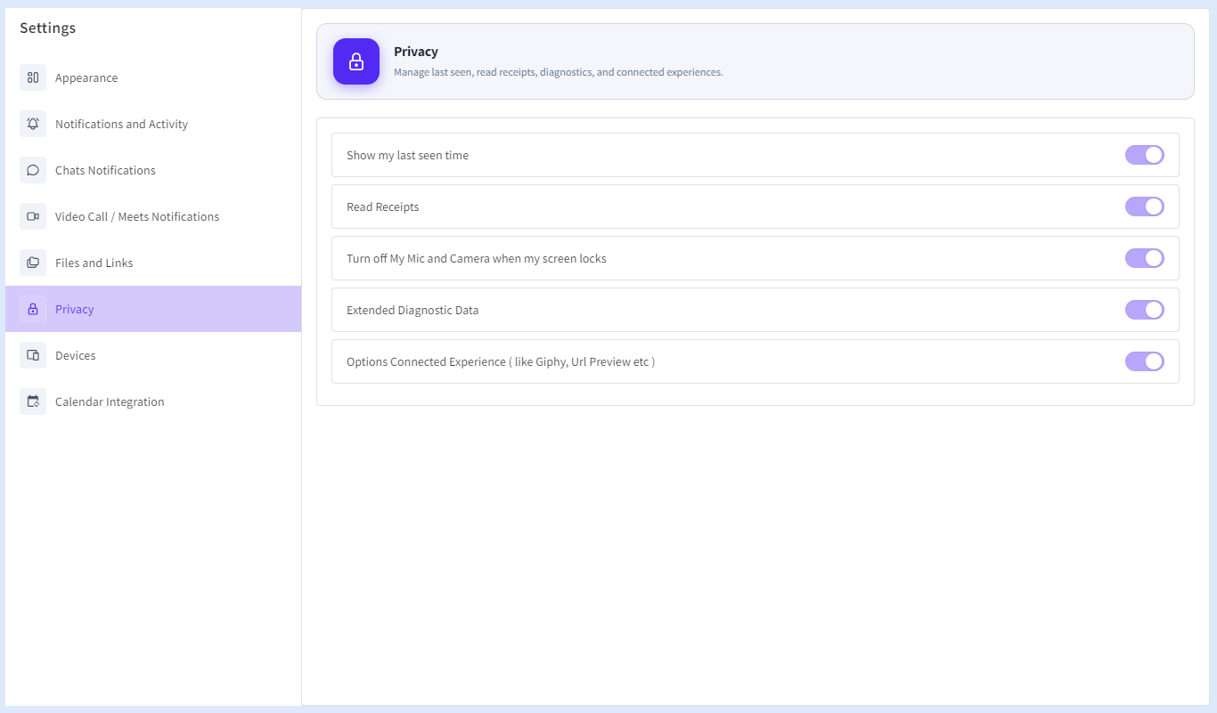 The Privacy Settings page allows users to manage visibility, communication privacy, and security-related preferences within BuzyTeam.