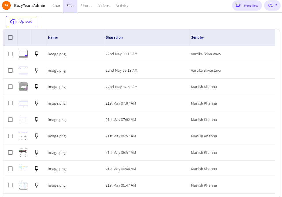 The Files section allows team members to upload, access, and manage shared files within chats, groups, and workspaces.