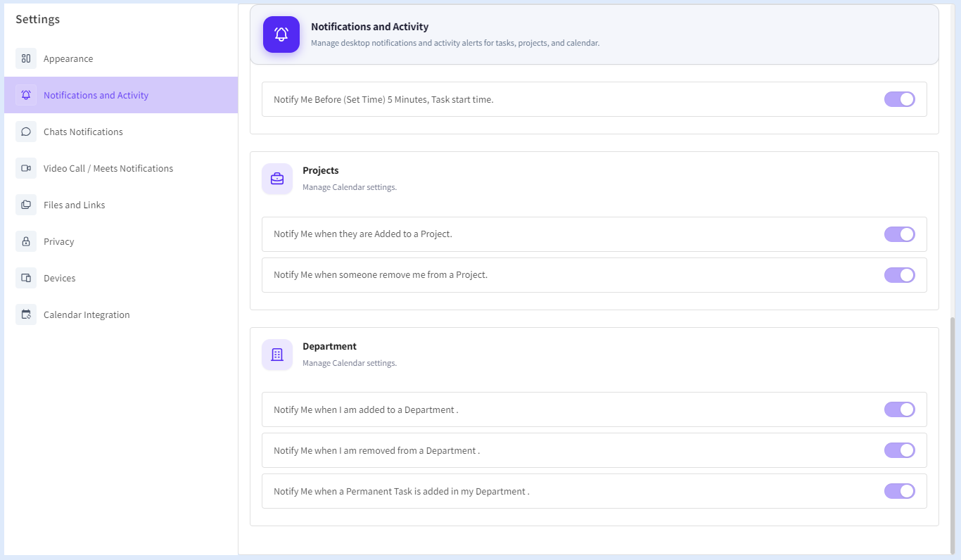 The Project and Department Notification Settings section allows users to manage alerts related to projects, departments, and workspace activities within BuzyTeam.