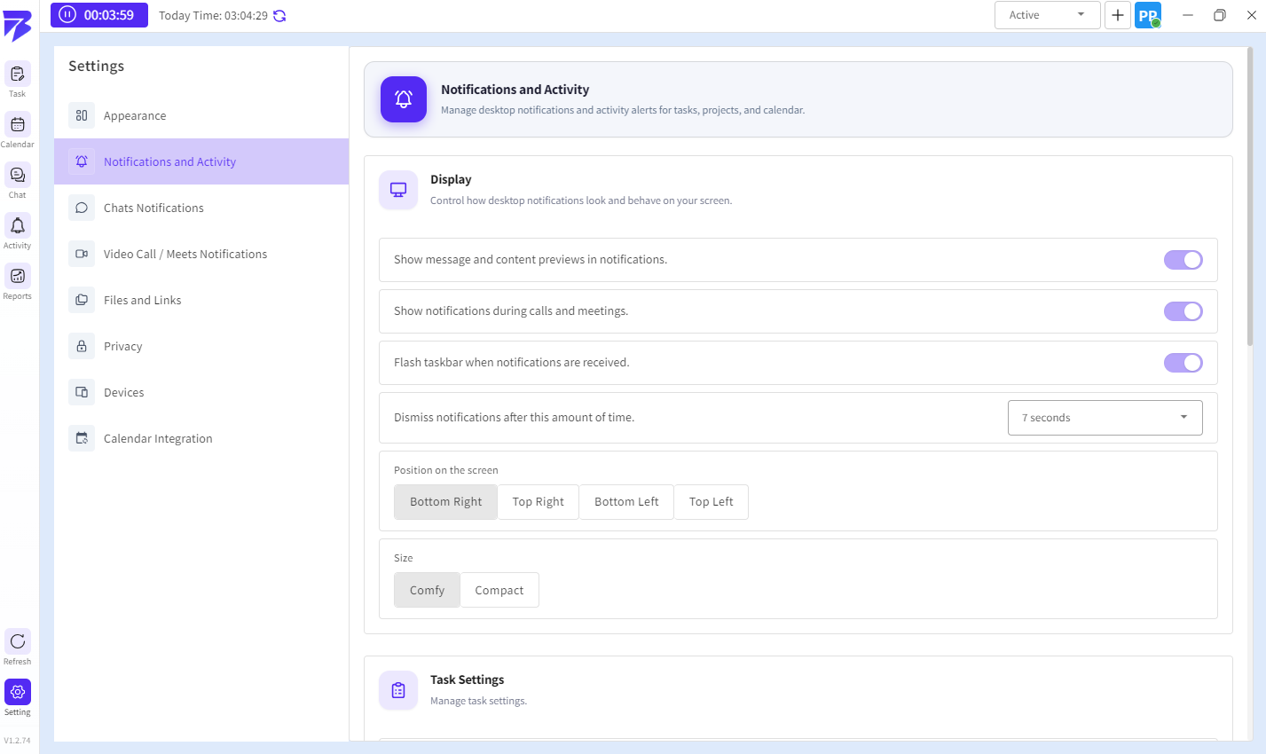 The Notifications and Activity Settings page allows users to manage desktop alerts, activity notifications, and notification display preferences within BuzyTeam.