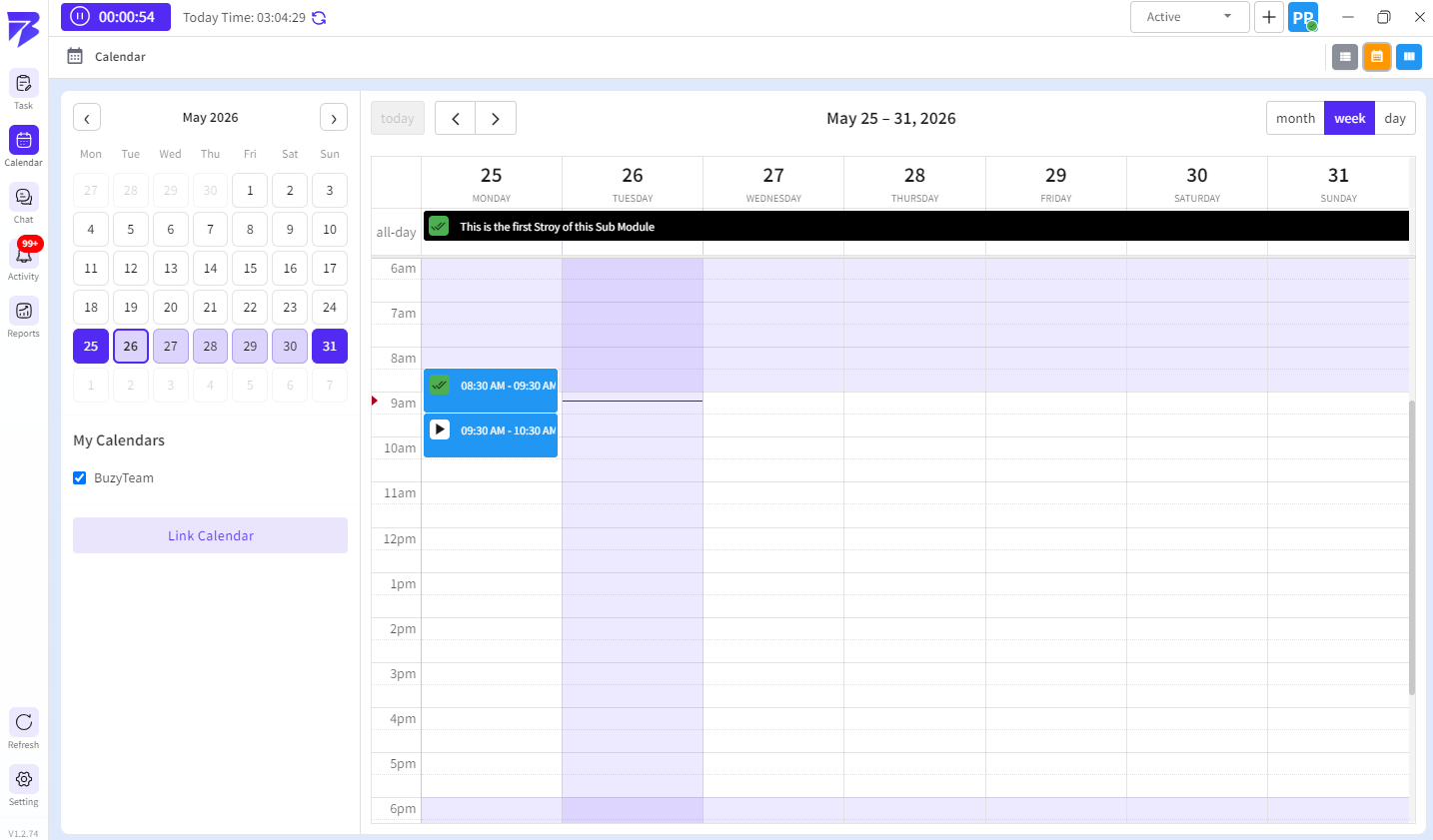 The Calendar Week View provides a structured weekly schedule of tasks, meetings, and activities across the workspace.