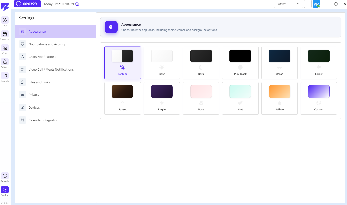 The Appearance Settings page allows users to customize the overall look and theme of the BuzyTeam application.