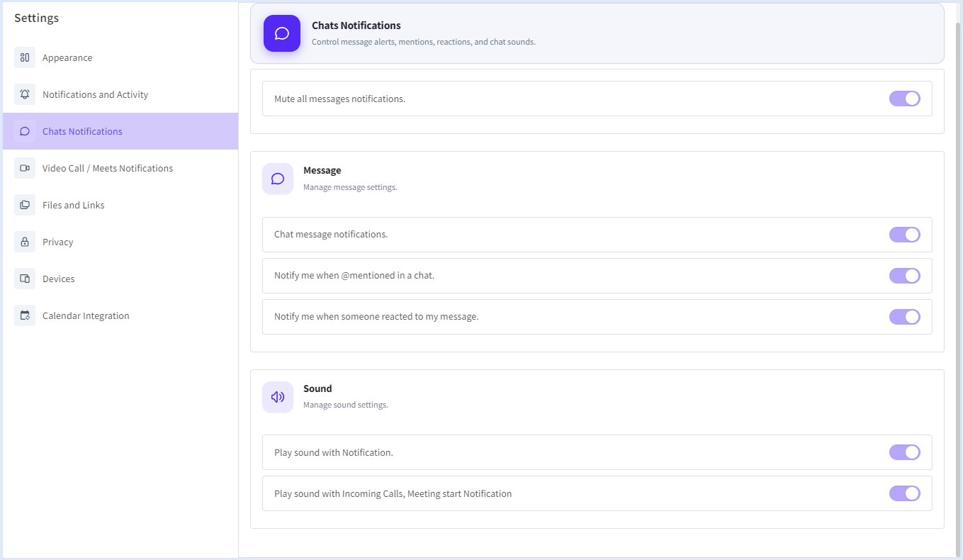 The Chat Notification Settings page allows users to manage message alerts, mentions, reactions, and notification sounds within BuzyTeam.