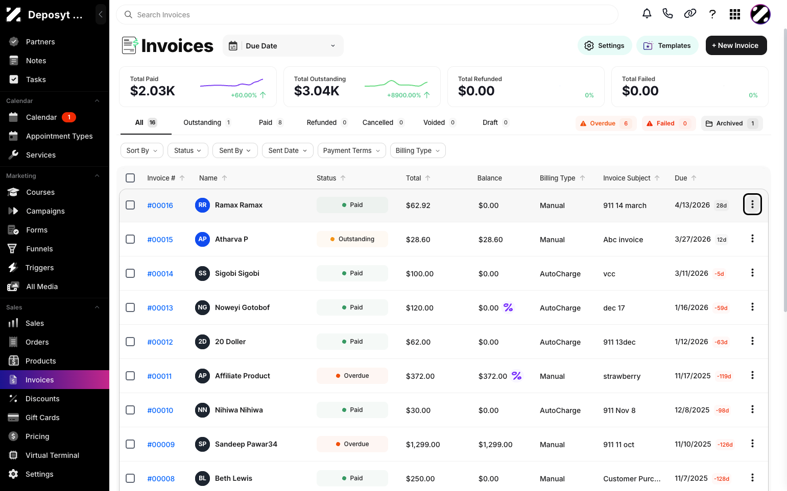 Step 3: In the table, each invoice has a three-dot menu. Click it to view more options.
