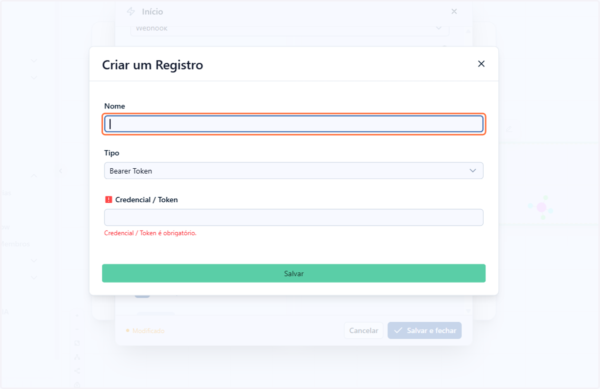 No modal que se abrirá, defina um nome para a sua credencial