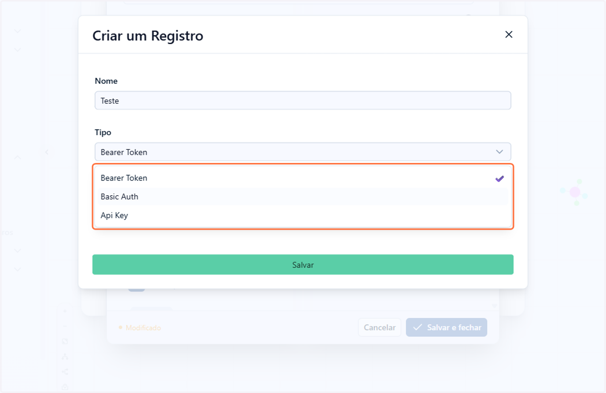 Defina o tipo de credencial desejado. As configurações serão diferentes a depender do tipo escolhido
