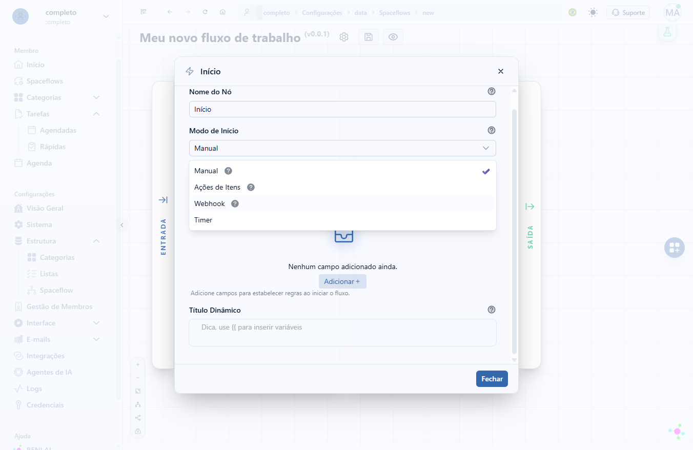 Defina o método de início como Webhook