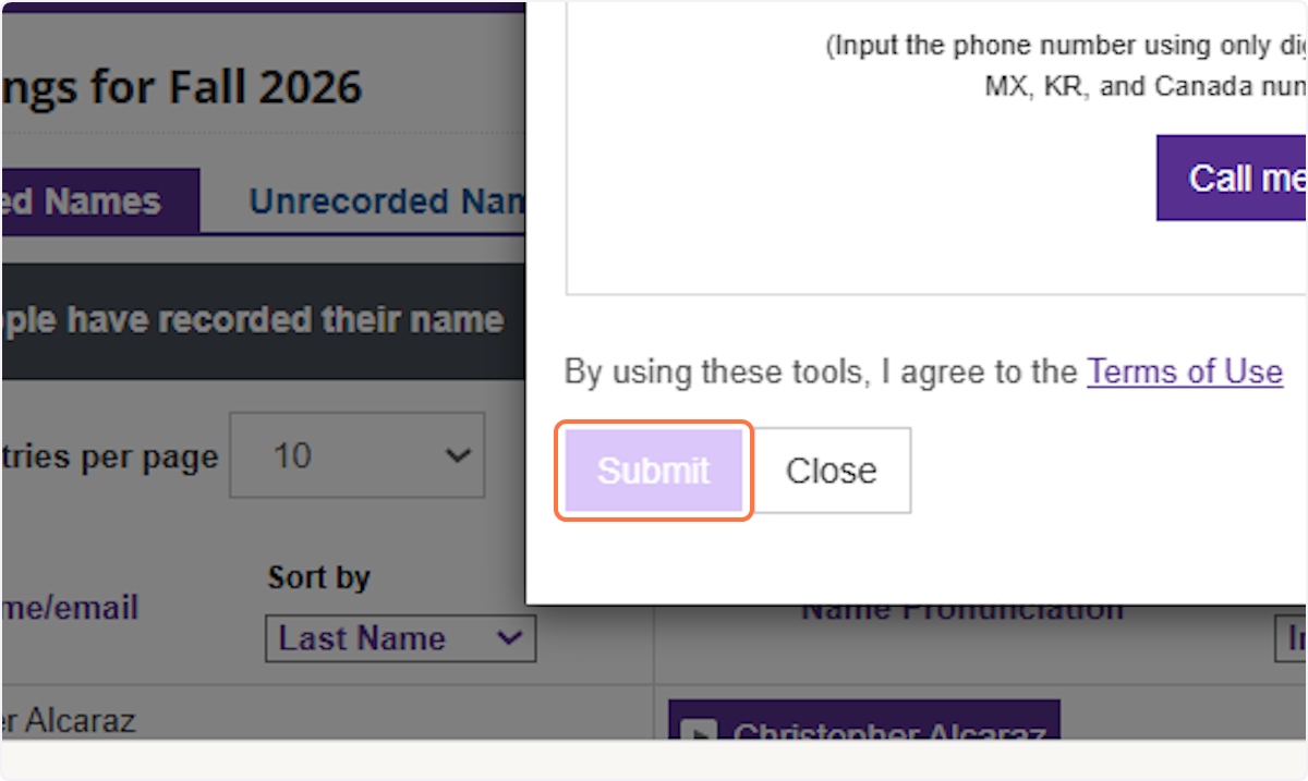After recording, click on Submit
