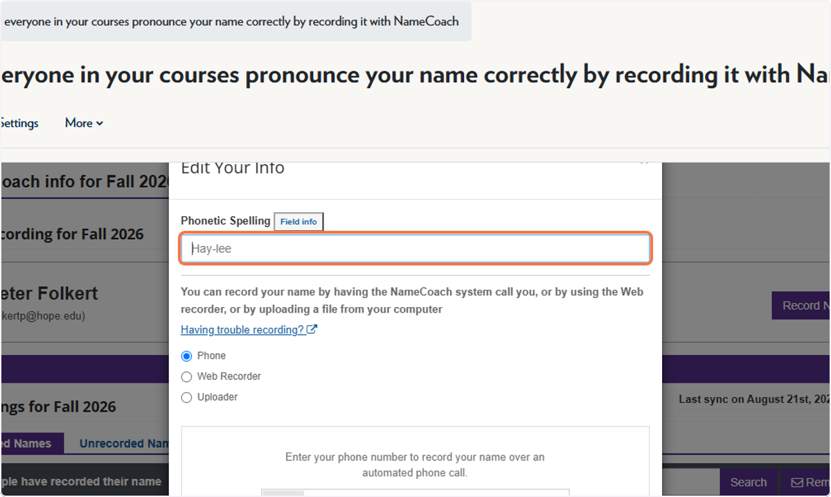 Enter the Phonetic Spelling of your name