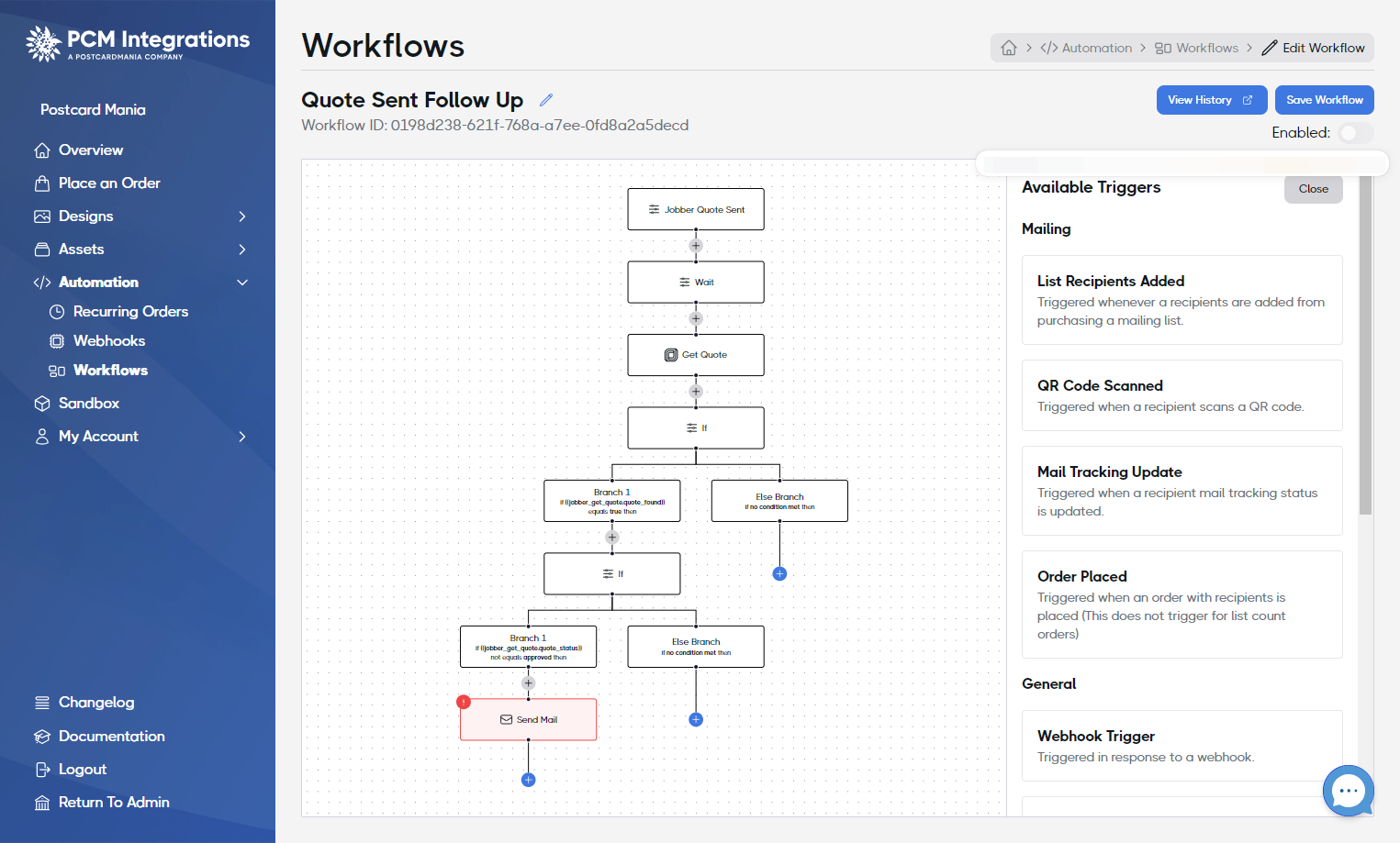 When the Workflow is ready, toggle the Enabled switch