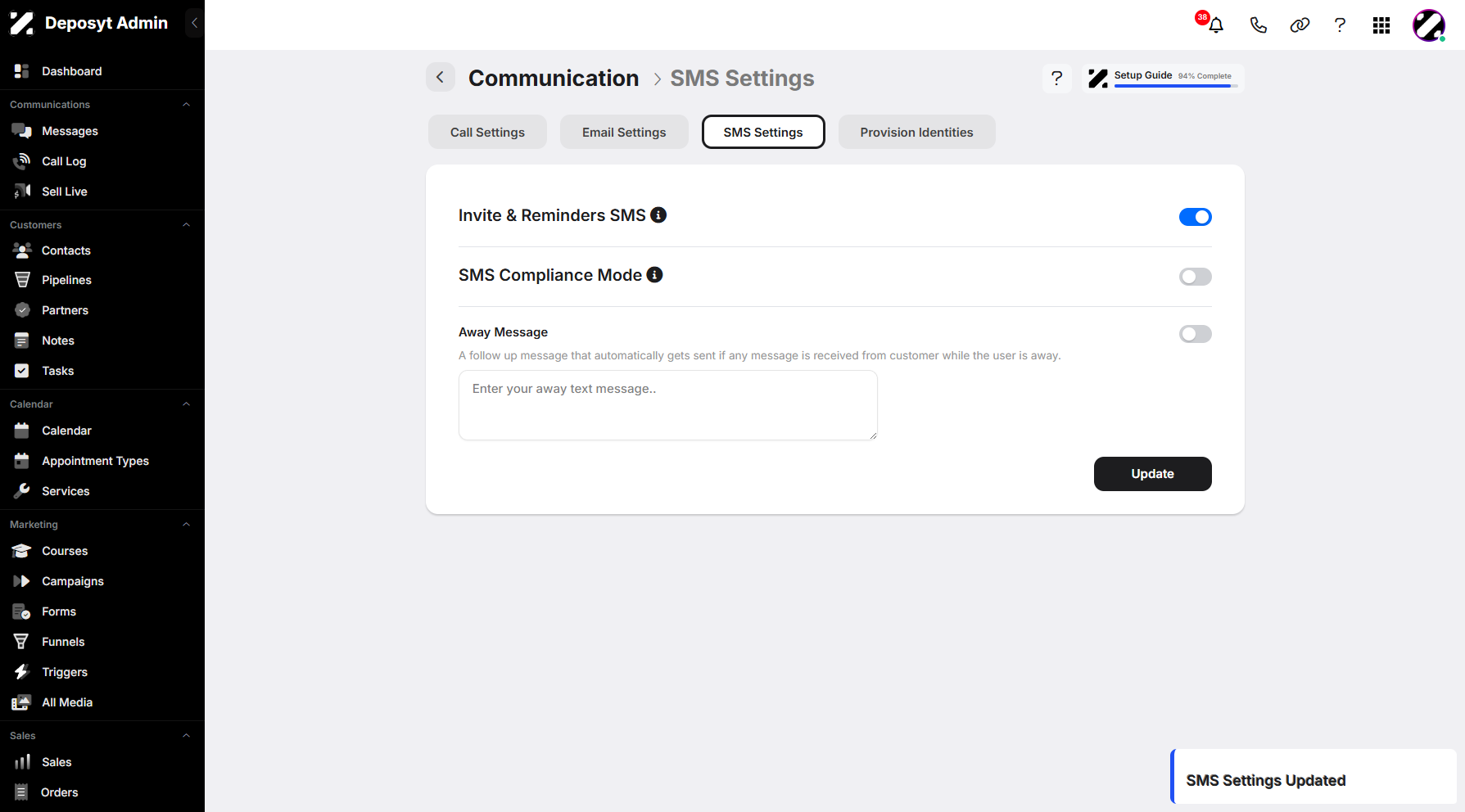 Step 9: A pop-up notification will appear to confirm that the SMS settings have been updated successfully.