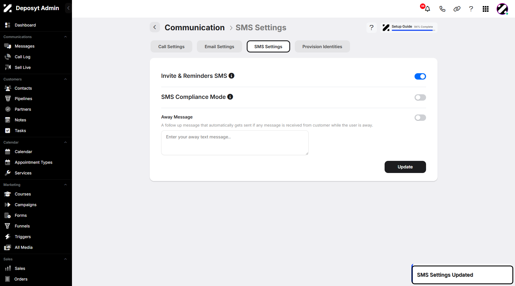 Step 9: A pop-up notification will appear to confirm that the SMS settings have been updated successfully.