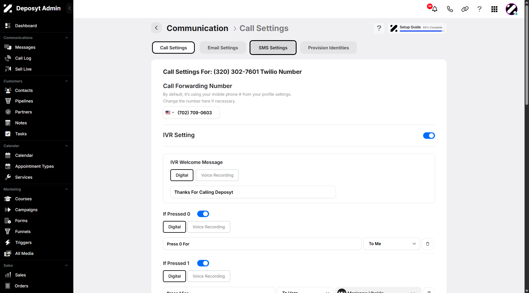 Step 5: Click on SMS Settings to access the section.