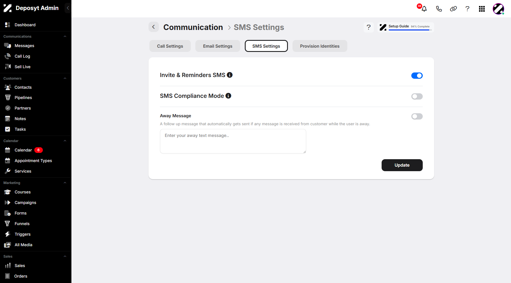 Step 7: You can enable the Invite & Reminder SMS tab, which displays invite and reminder messages in the communication thread, as well as SMS Compliance Mode. Next is the Away Message, which is an automatic follow-up message sent when a message is received while you are away.