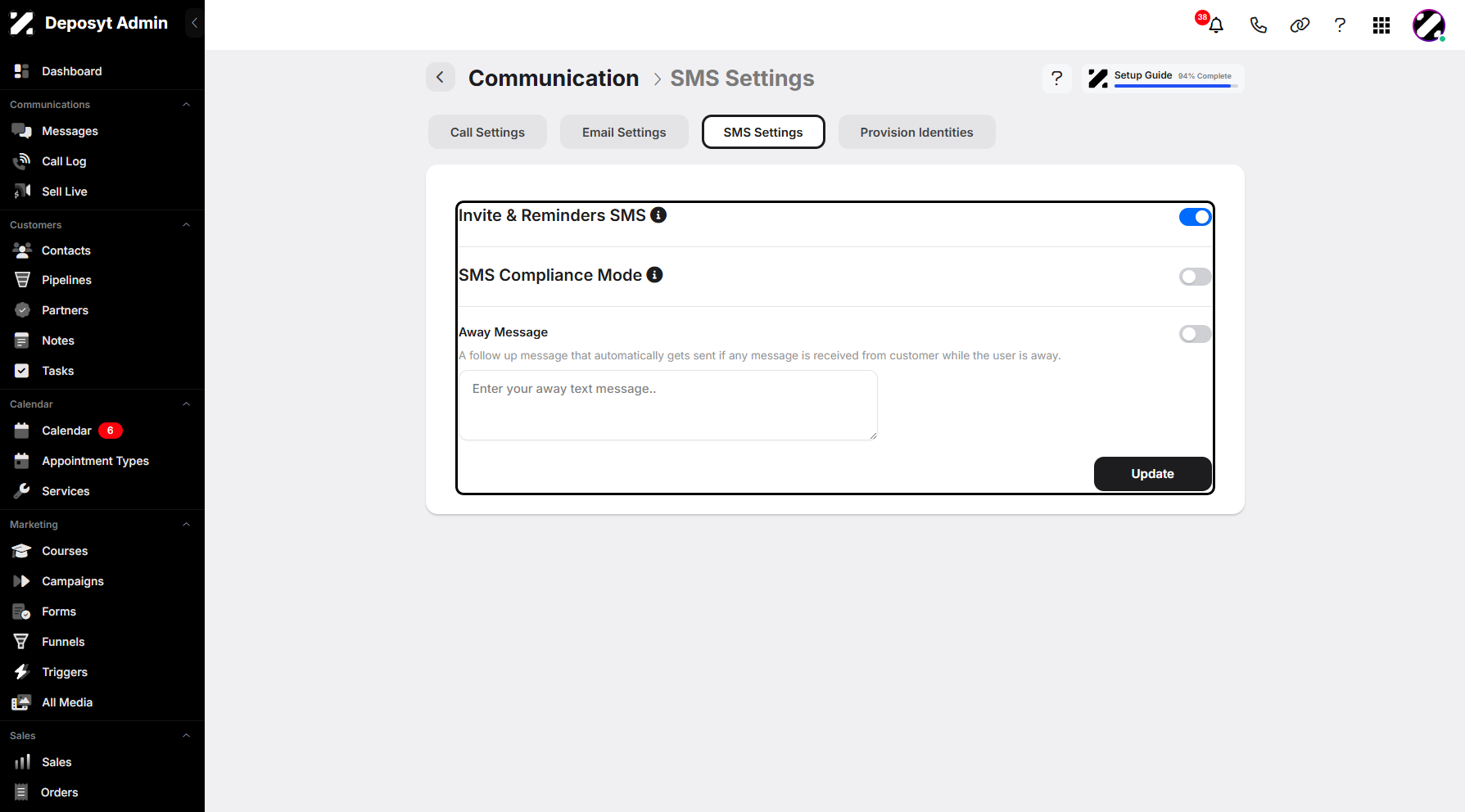 Step 7: You can enable the Invite & Reminder SMS tab, which displays invite and reminder messages in the communication thread, as well as SMS Compliance Mode. Next is the Away Message, which is an automatic follow-up message sent when a message is received while you are away.