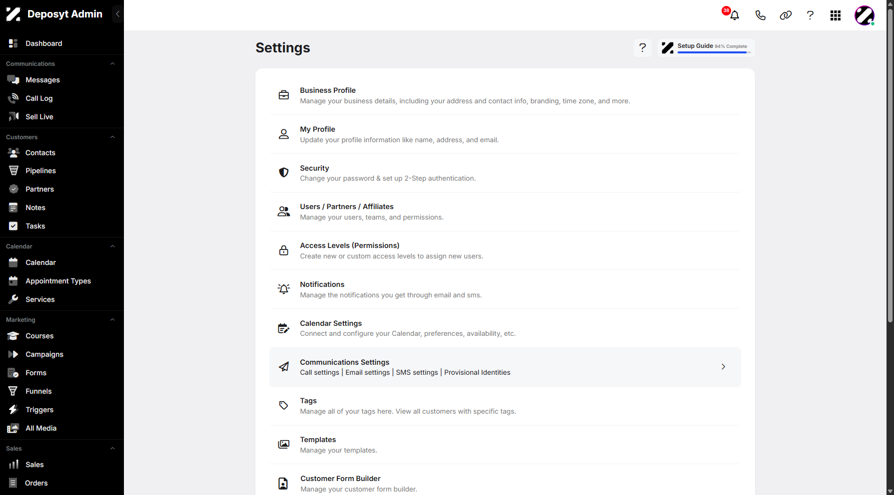 Step 3: You will then be taken to the Settings page. Click on Communications Settings to continue.