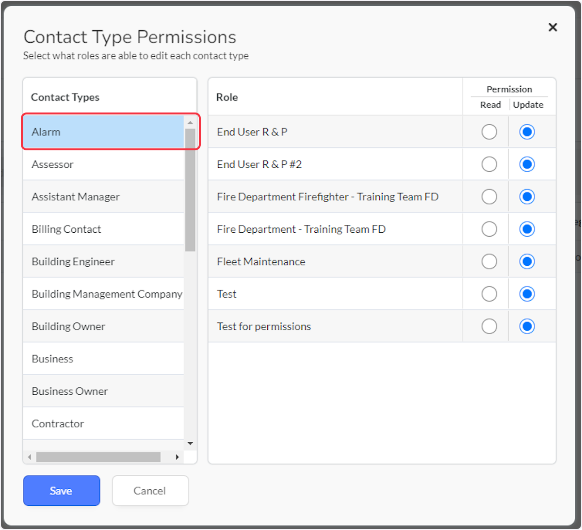 Select the Contact Type to edit what contact(s) the role can edit.