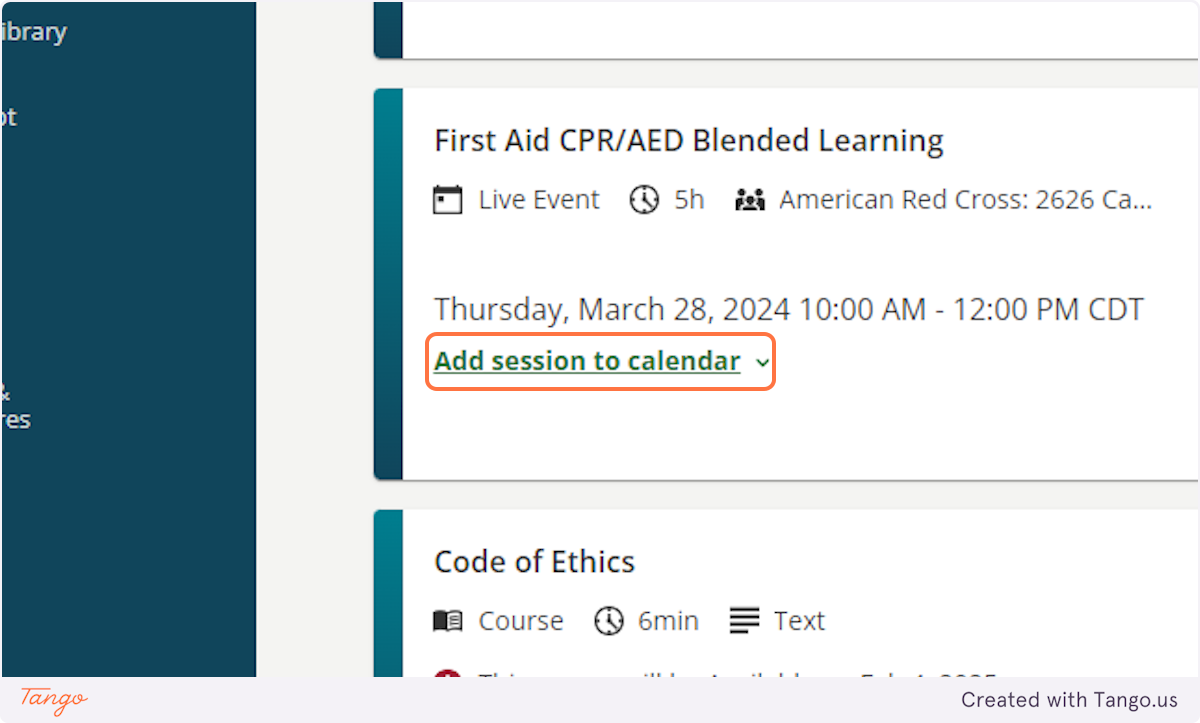 Click on Add session to calendar as reminder to when you scheduled the session