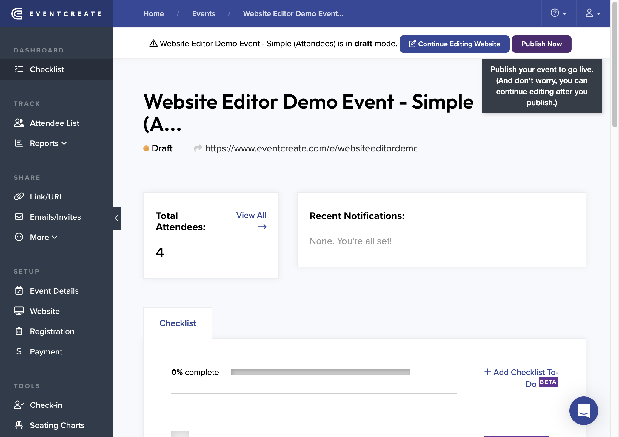 Or, go to your Event Dashboard and click on Publish Now