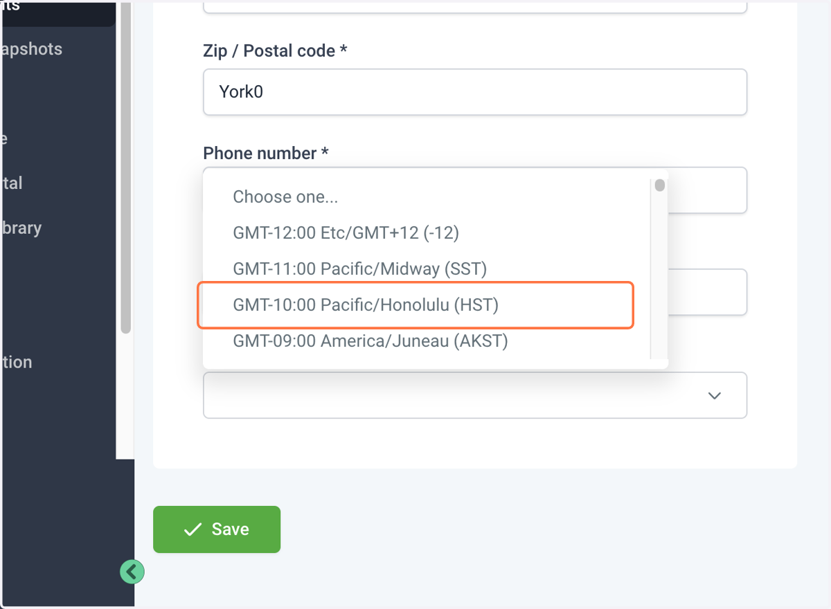 Click on GMT-10:00 Pacific/Honolulu (HST)