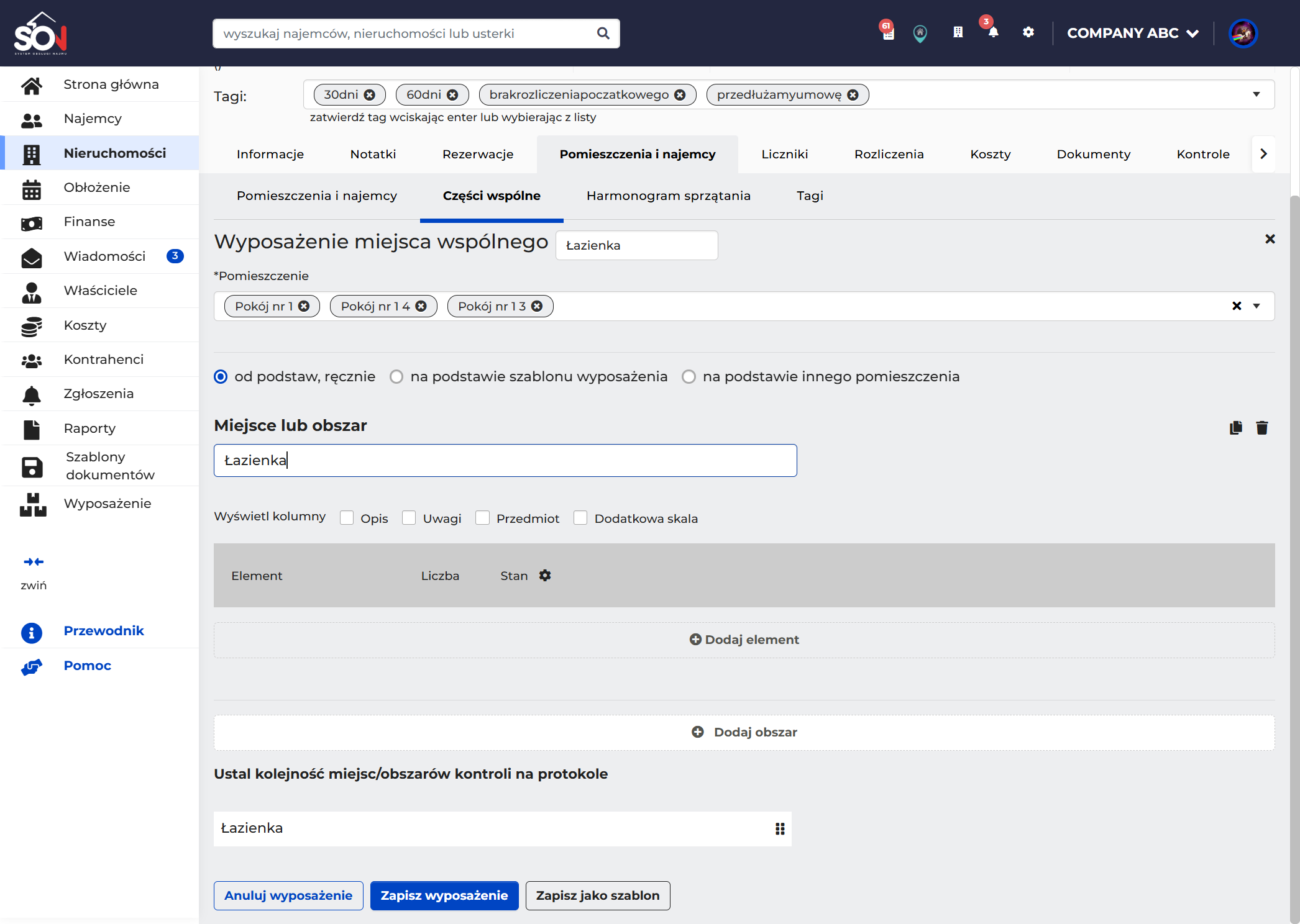 Wpisz nazwę miejsca lub obszaru. Możesz w tym miejscu dodać kilka obszarów (dodaj obszar), np. łazienkę, kuchnię itp.