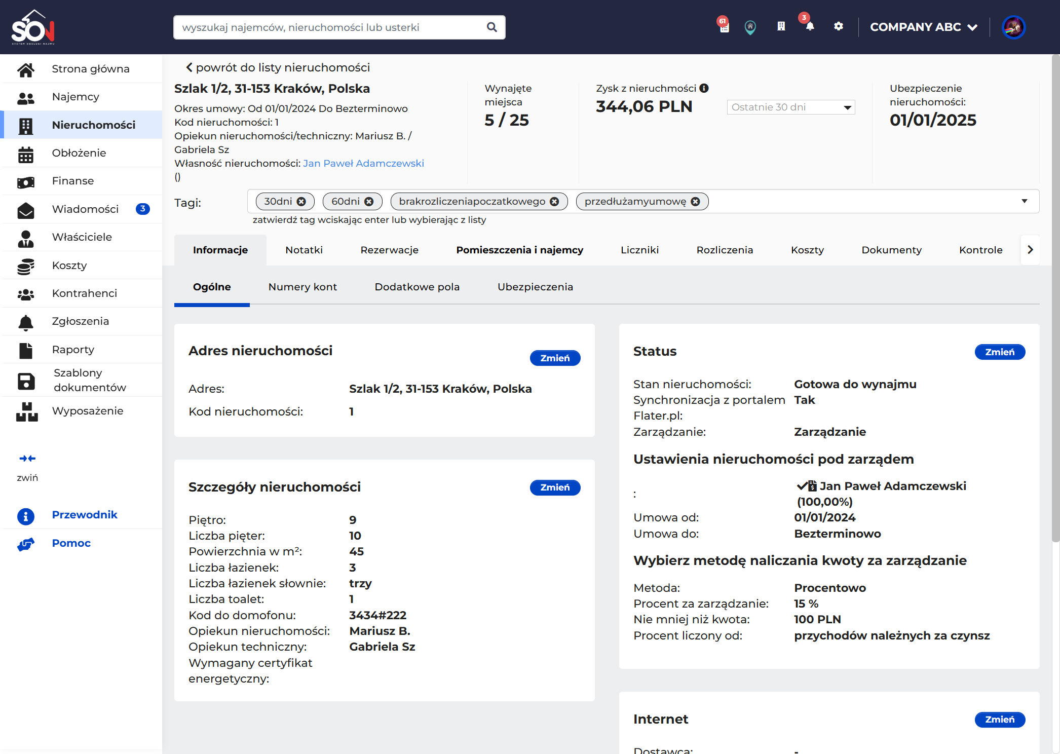 Na danej nieruchomości wejdź na pomieszczenia i najemcy