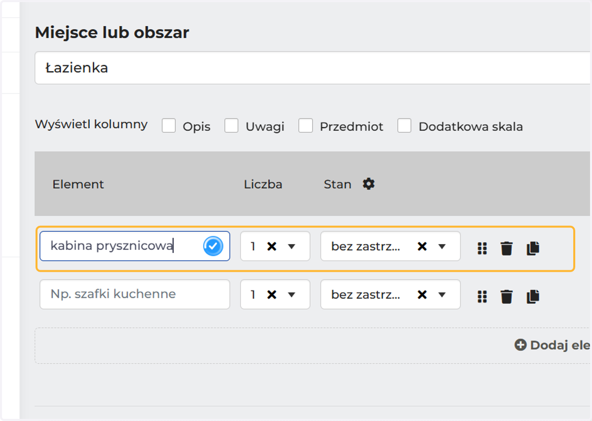 Uzupełnij nazwę, liczbę, stan