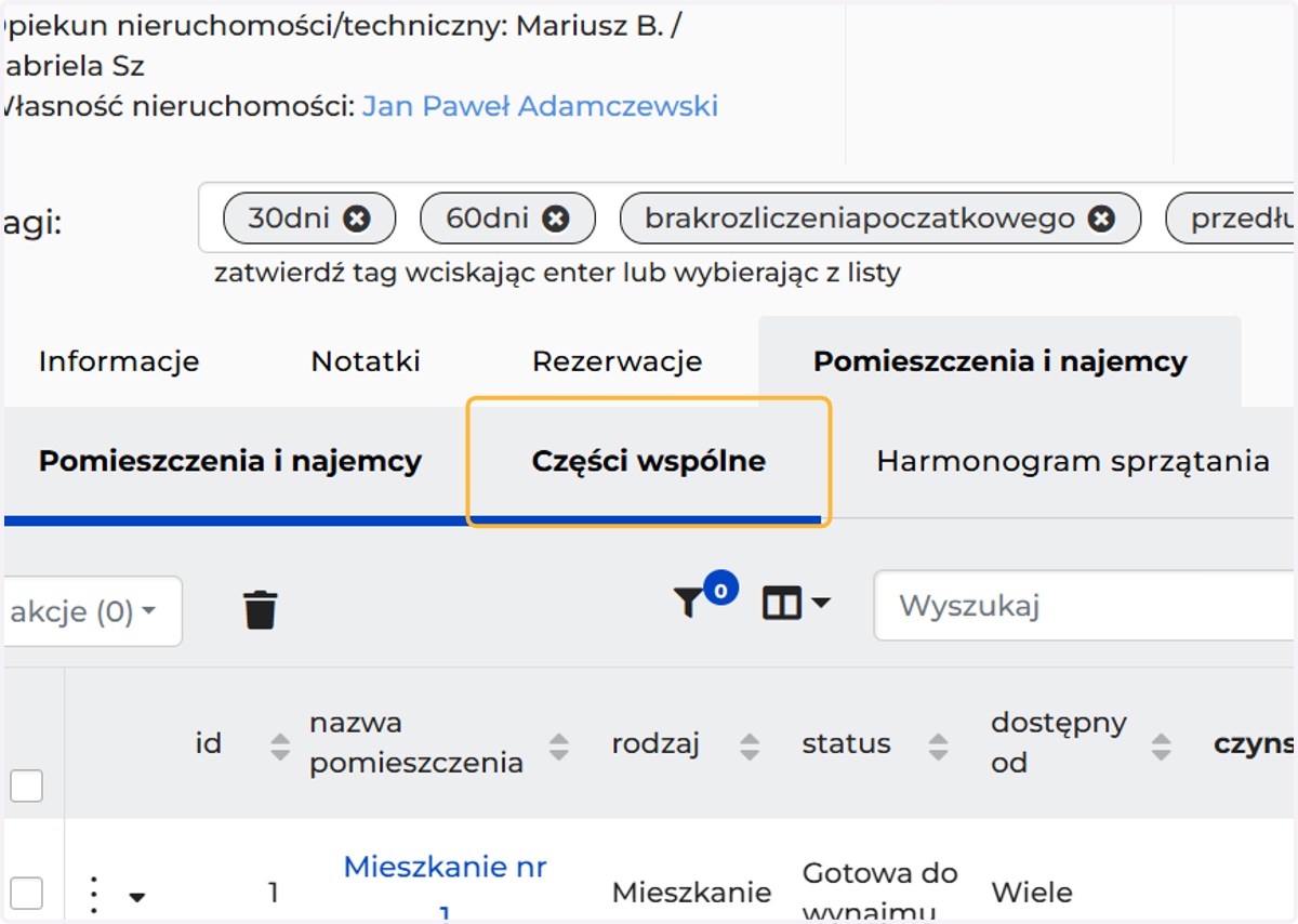 W tej zakładce dodajesz wyposażenie wspólne