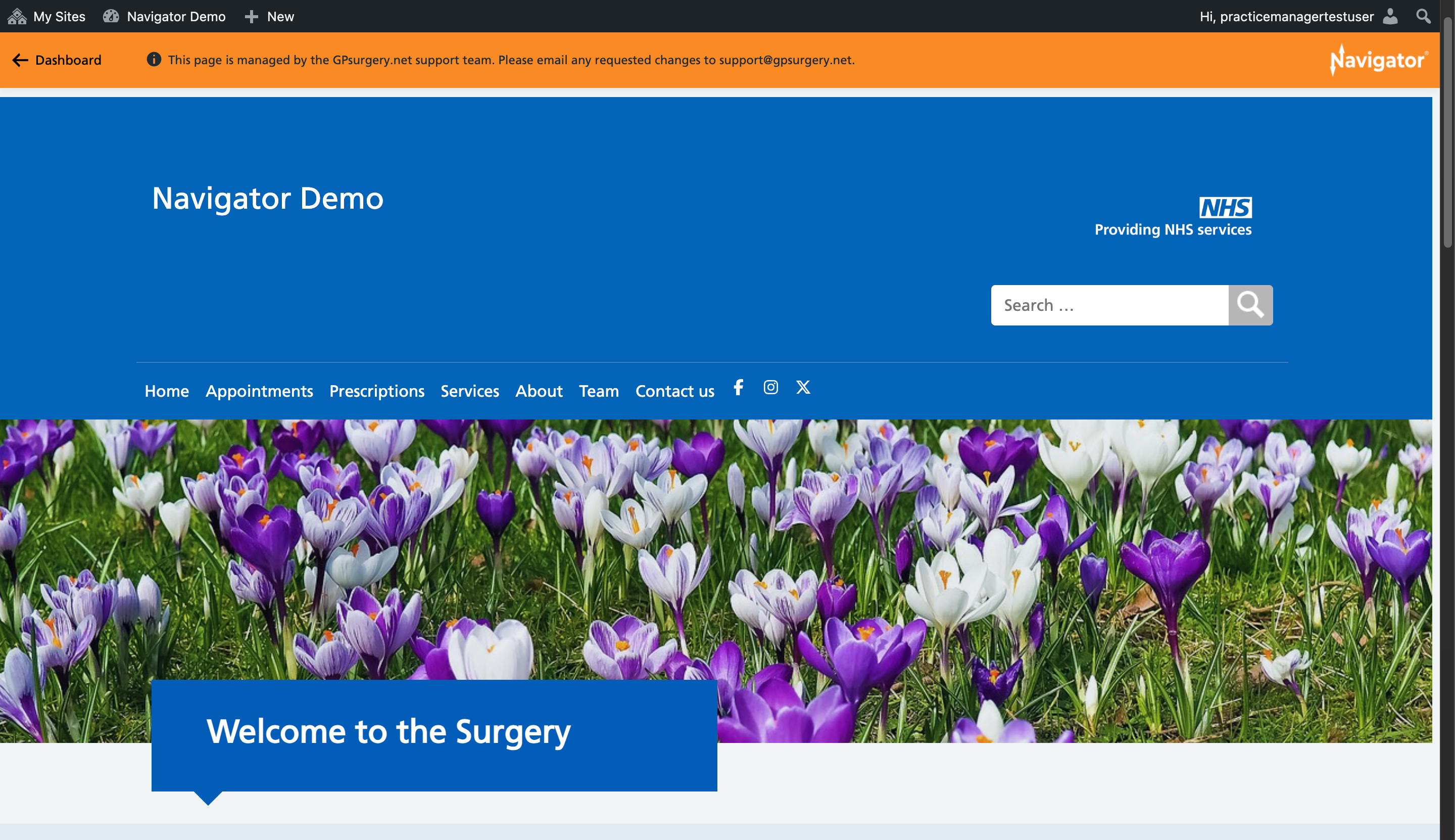 The homepage of a GPsurgery.net Navigator website with the admin toolbar and Navigator toolbar visible at the top of the screen.