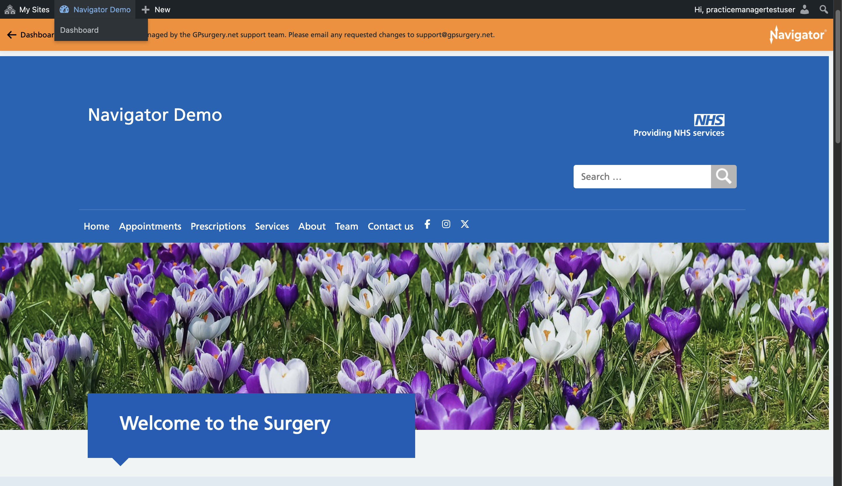 The name of the surgery selected from the admin toolbar