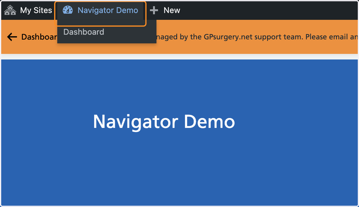 The name of the surgery selected from the admin toolbar
