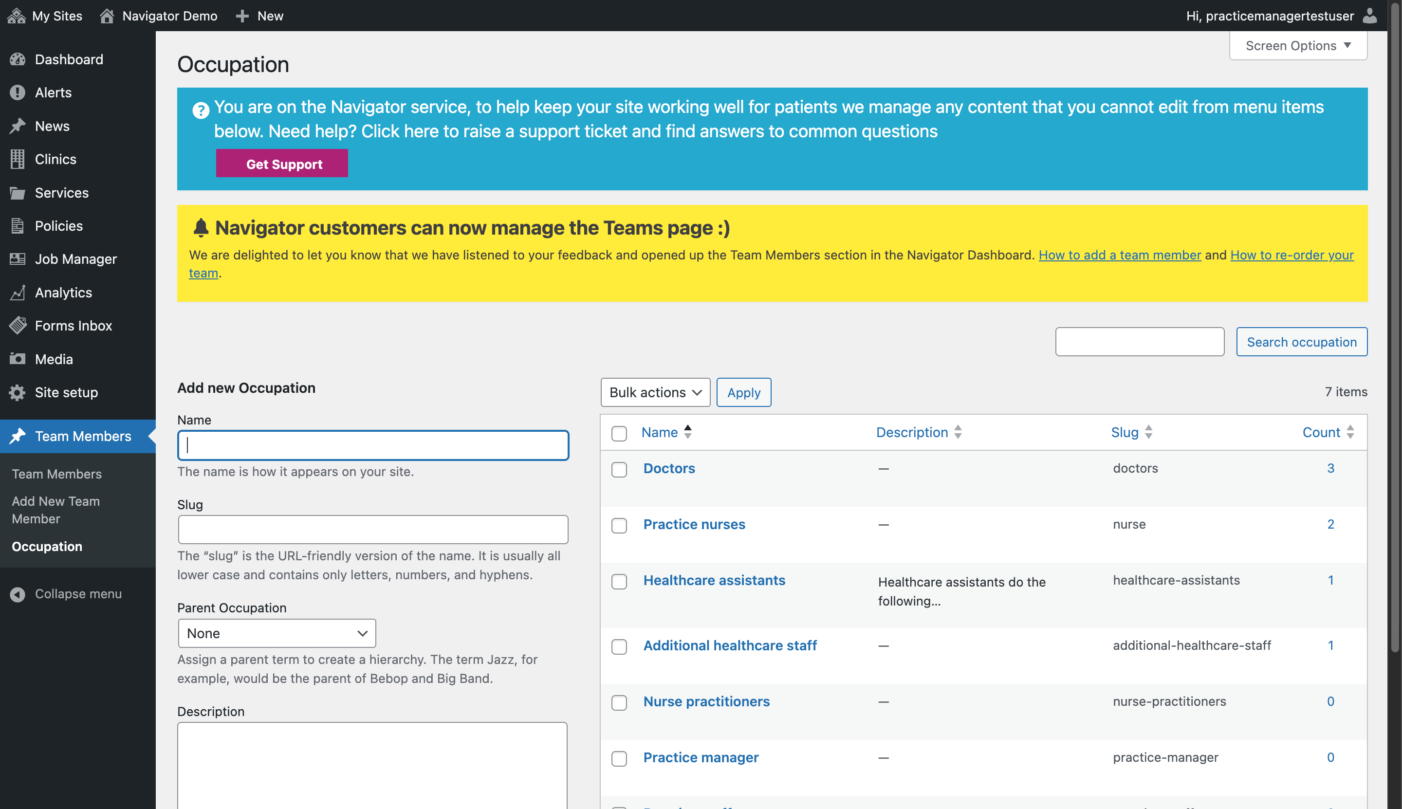 The Occupations section of the Dashboard.