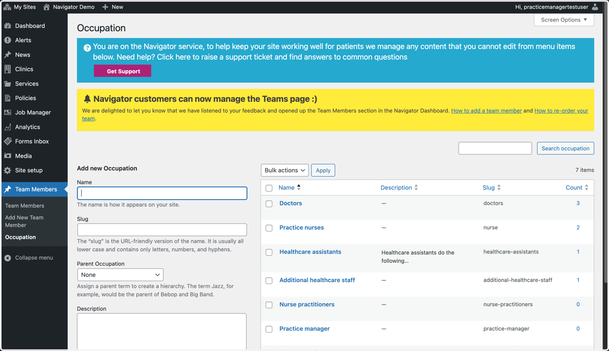 The Occupations section of the Dashboard.